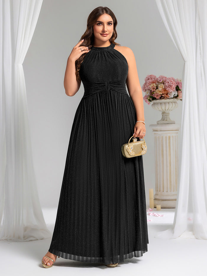 Plus Size Glittery Halter Neck Pleated Formal Evening Dress #color_Black
