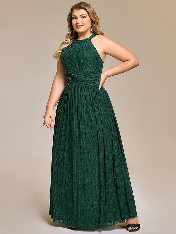 Plus Size Glittery Halter Neck Pleated Formal Evening Dress #color_Dark Green