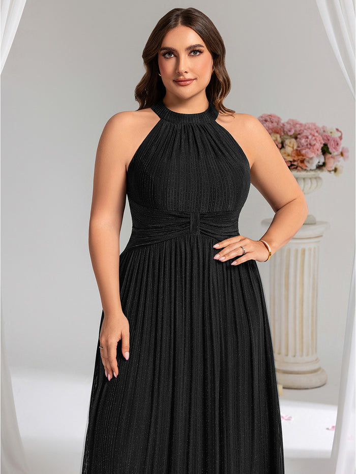 Plus Size Glittery Halter Neck Pleated Formal Evening Dress #color_Black