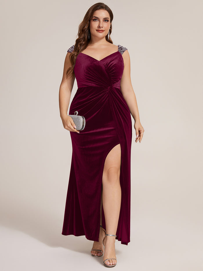 Plus Size Knot Detail Velvet Evening Dress #color_Burgundy