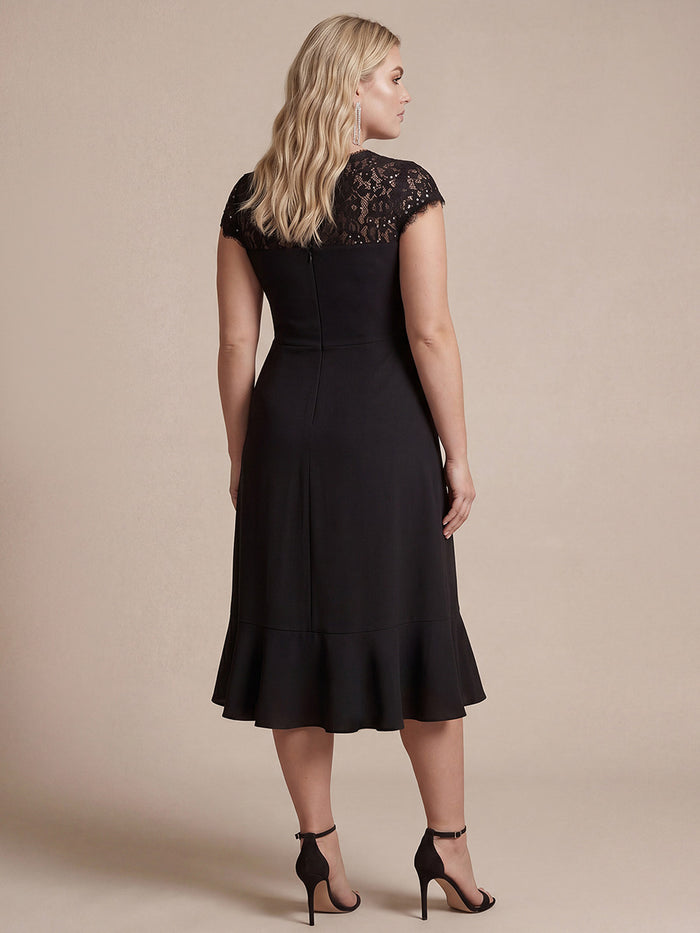 Plus Size Lace Cap Sleeve Wedding Guest Dress #color_Black