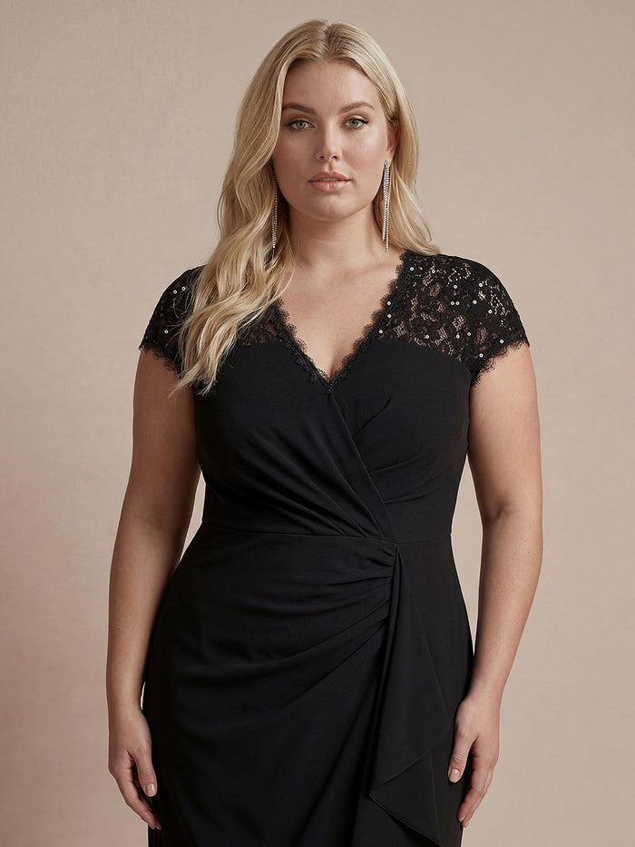 Plus Size Lace Cap Sleeve Wedding Guest Dress #color_Black