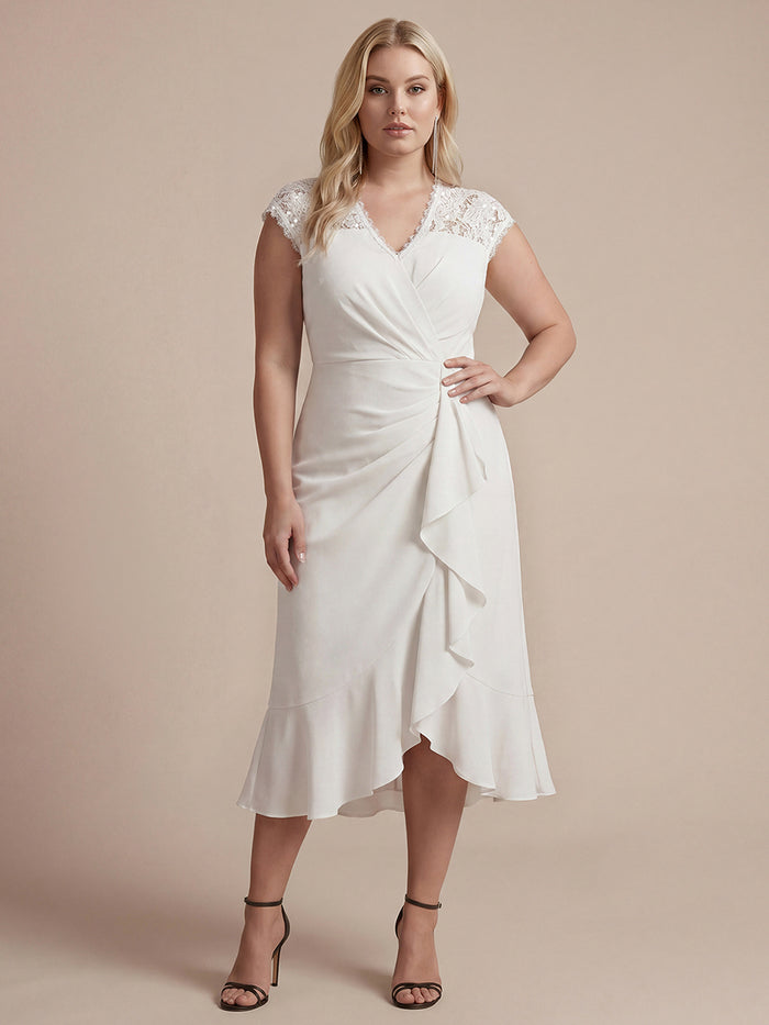 Plus Size Lace Cap Sleeve Wedding Guest Dress #color_White