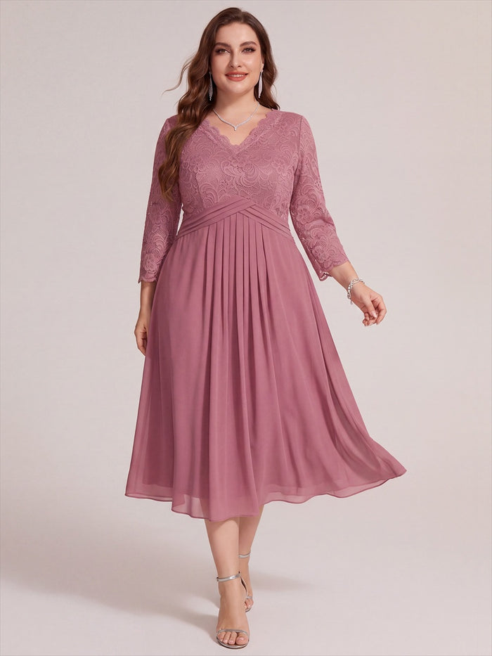 Plus Size Lace Fitted Sleeve Wedding Guest Dress #color_Purple Orchid