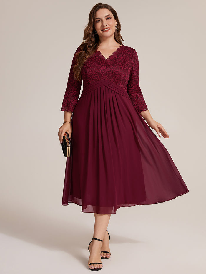 Plus Size Lace Fitted Sleeve Wedding Guest Dress #color_Burgundy
