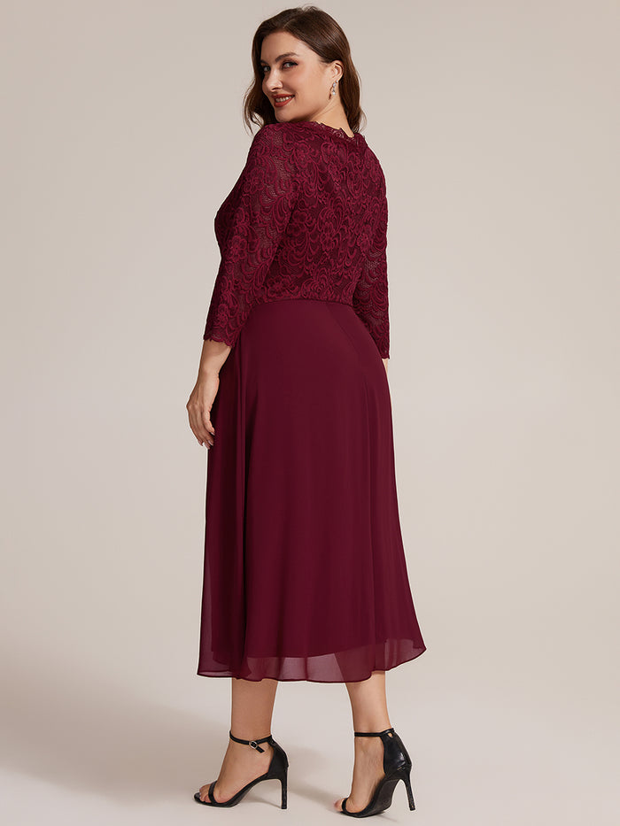 Plus Size Lace Fitted Sleeve Wedding Guest Dress #color_Burgundy
