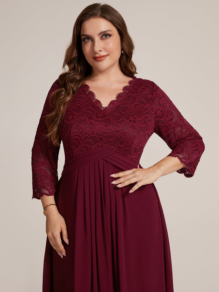 Plus Size Lace Fitted Sleeve Wedding Guest Dress #color_Burgundy
