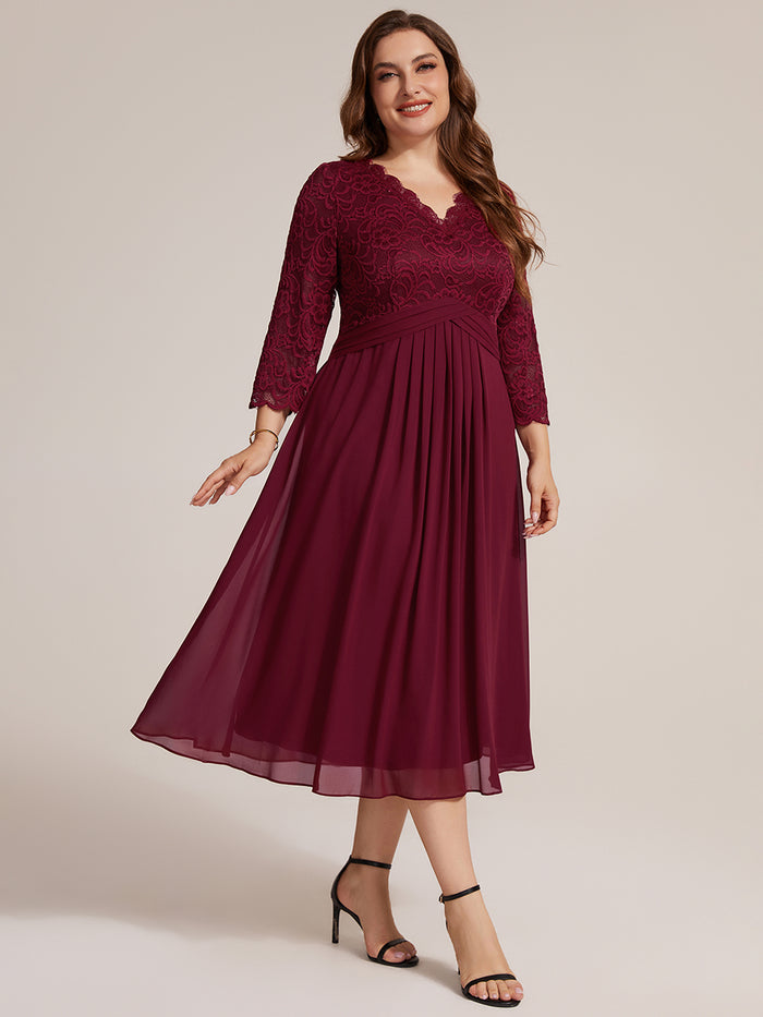 Plus Size Lace Fitted Sleeve Wedding Guest Dress #color_Burgundy