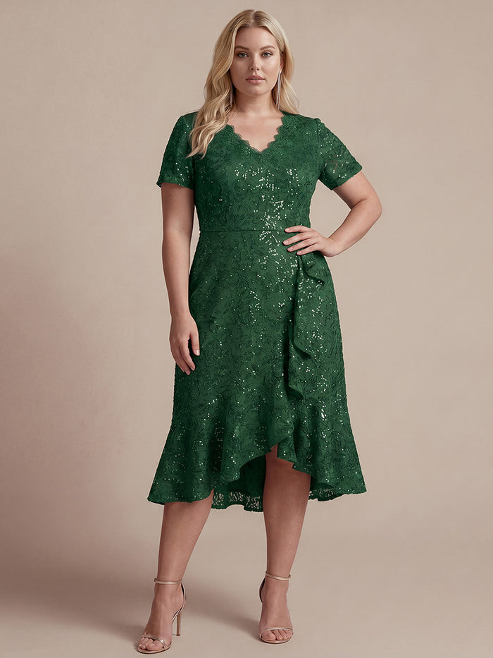 Plus Size Lace High Low Wedding Guest Dress #color_Dark Green