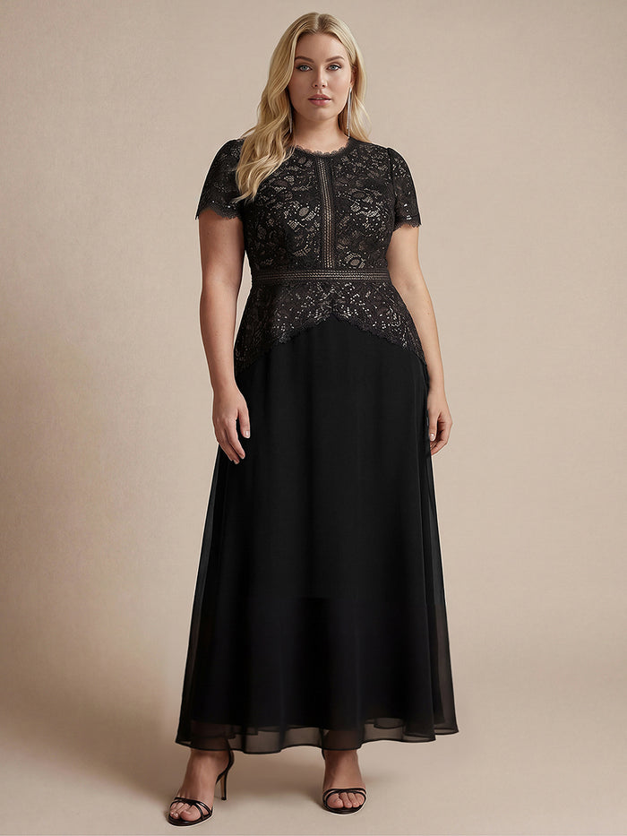 Plus Size Lace Puff Sleeve Evening DressDress #color_Black