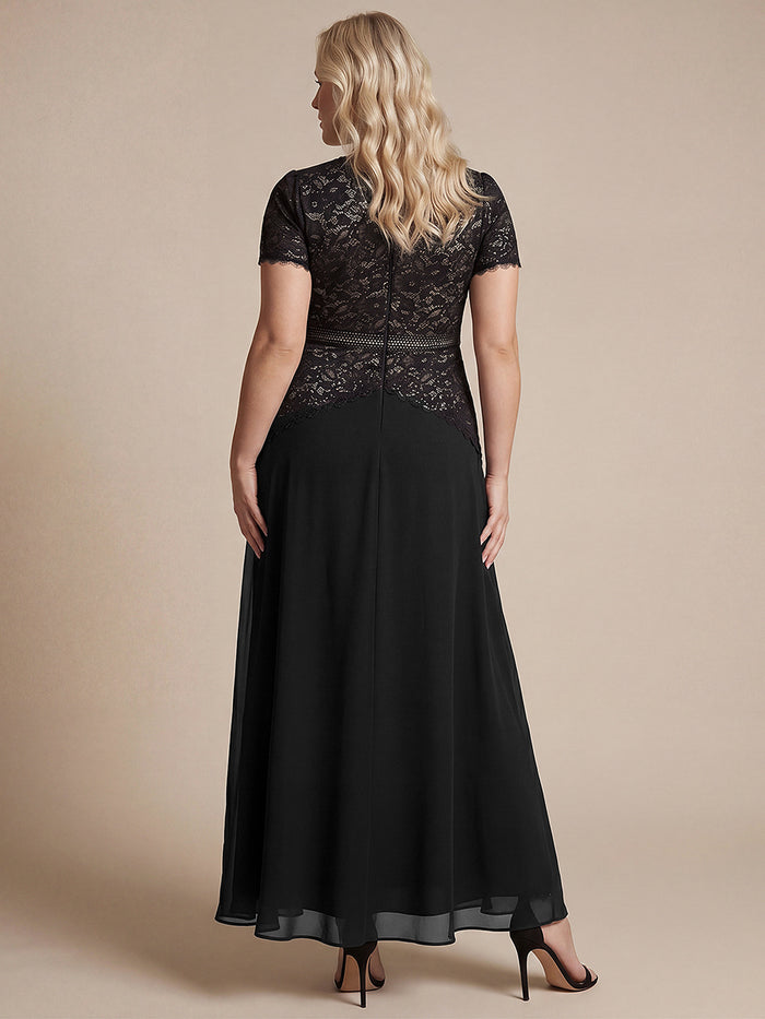 Plus Size Lace Puff Sleeve Evening DressDress #color_Black