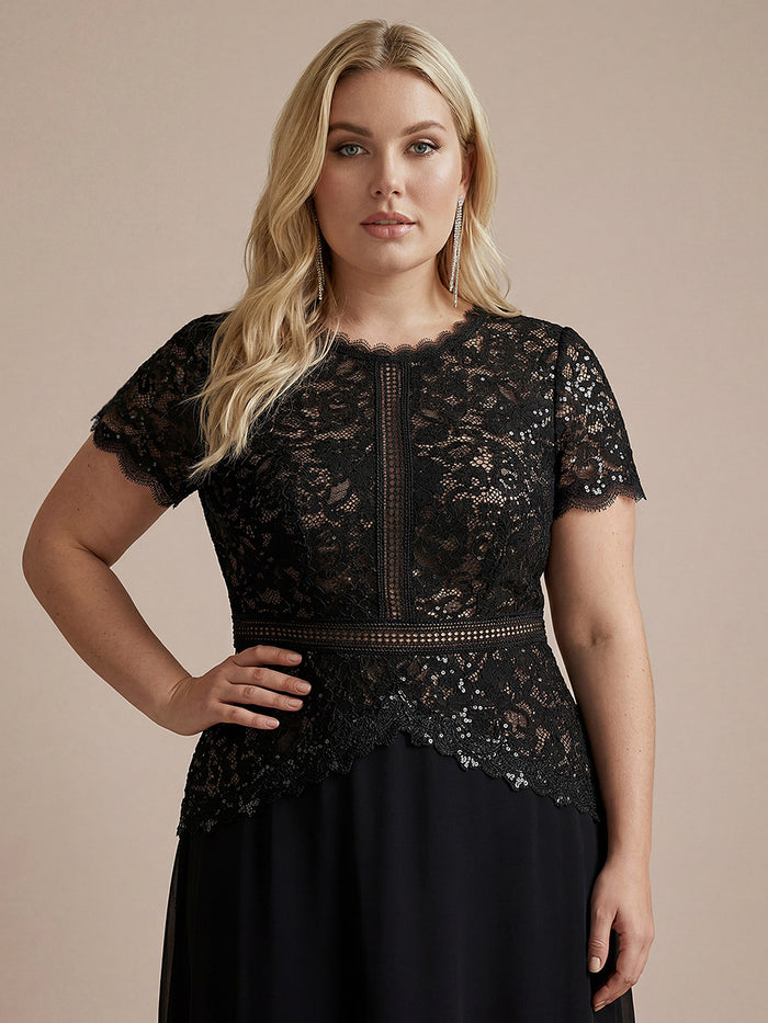 Plus Size Lace Puff Sleeve Evening DressDress #color_Black