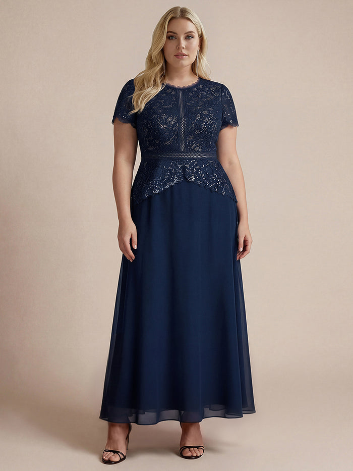 Plus Size Lace Puff Sleeve Evening DressDress #color_Navy Blue