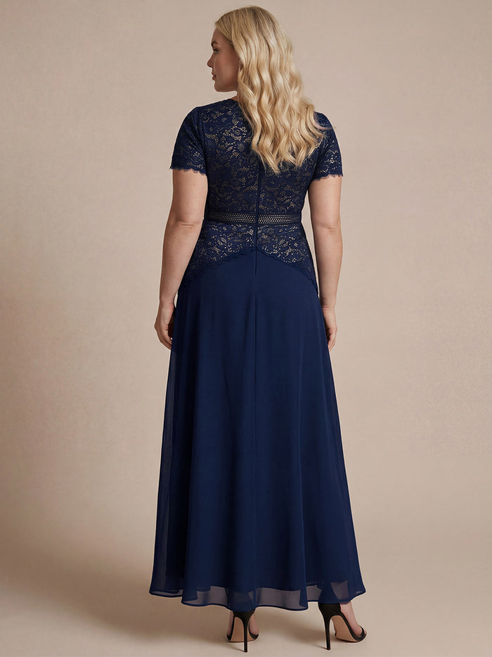 Plus Size Lace Puff Sleeve Evening DressDress #color_Navy Blue