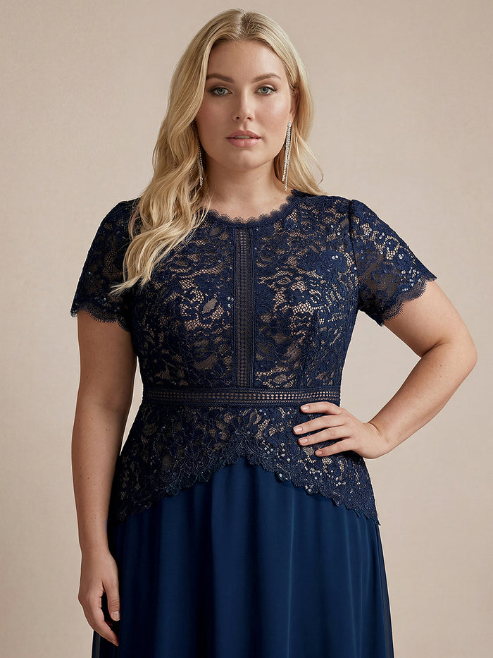 Plus Size Lace Puff Sleeve Evening DressDress #color_Navy Blue