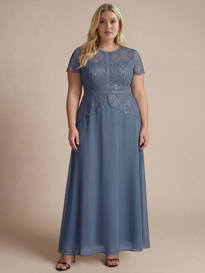 Plus Size Lace Puff Sleeve Evening DressDress #color_Dusty Blue