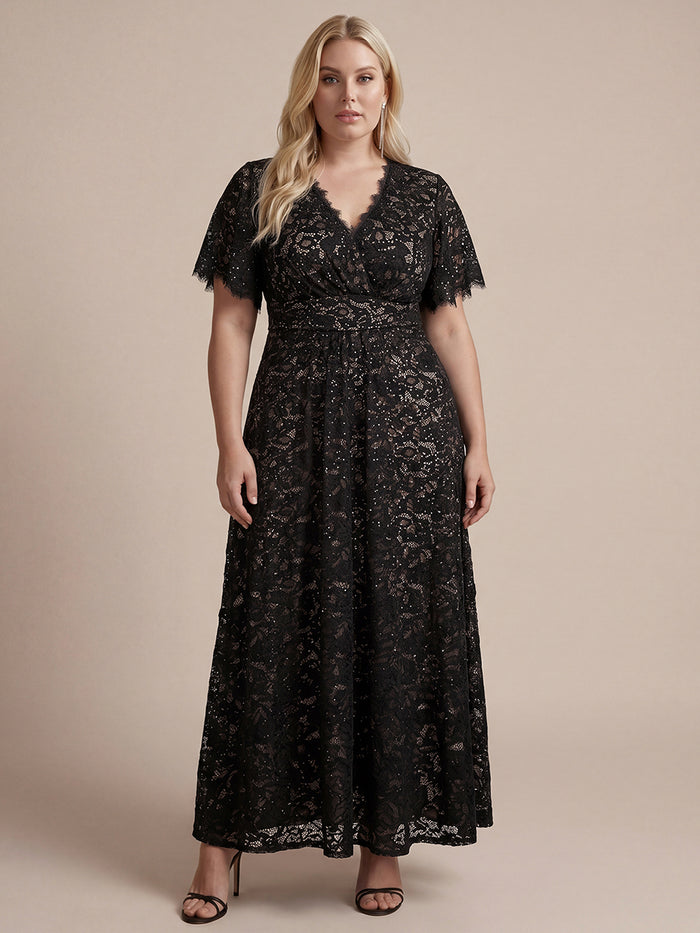 Plus Size Lace Ruffle Sleeve Evening Dress #color_Black