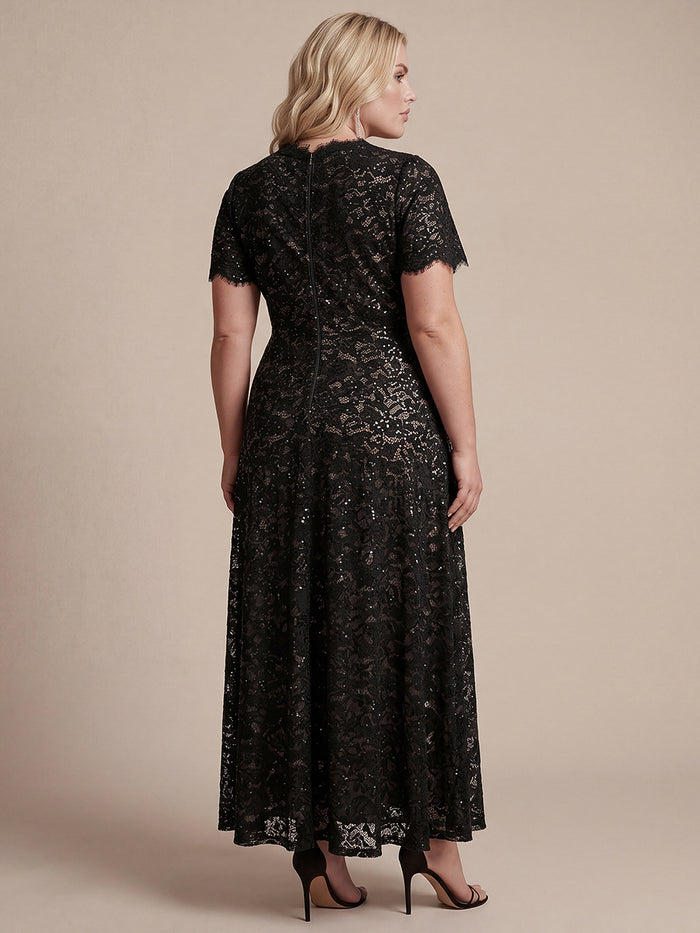 Plus Size Lace Ruffle Sleeve Evening Dress #color_Black