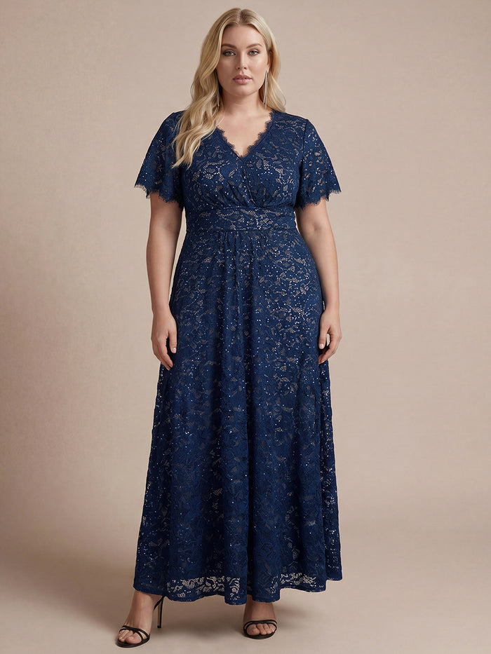 Plus Size Lace Ruffle Sleeve Evening Dress #color_Navy Blue