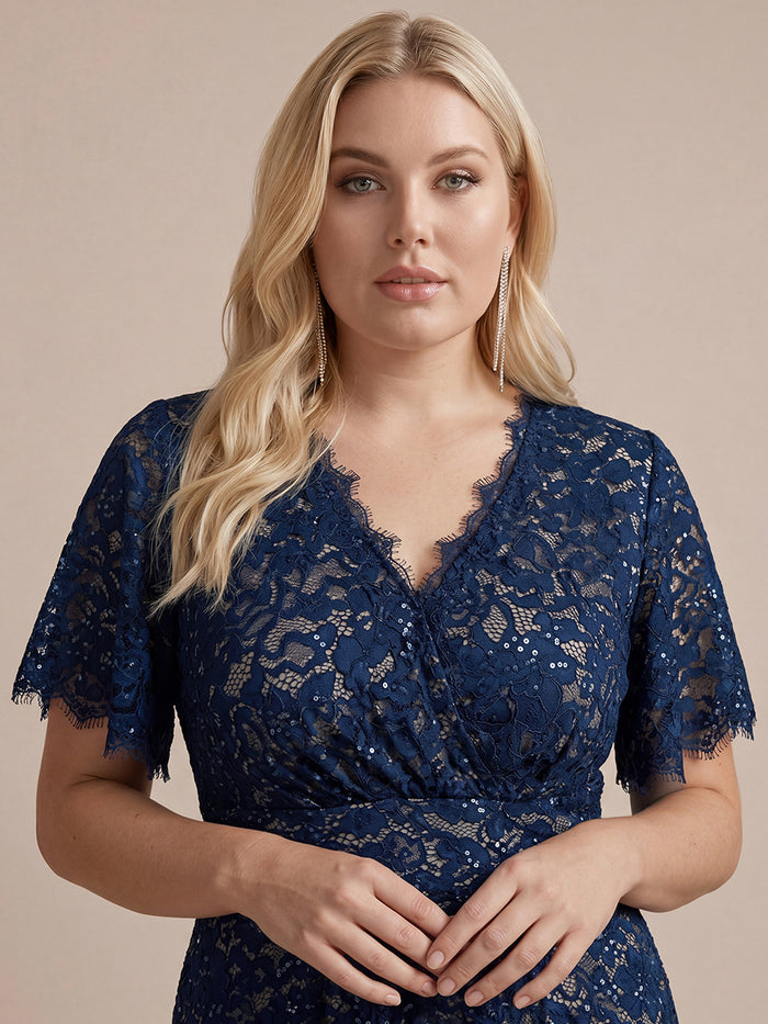 Plus Size Lace Ruffle Sleeve Evening Dress #color_Navy Blue
