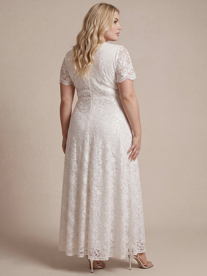 Plus Size Lace Ruffle Sleeve Evening Dress #color_White