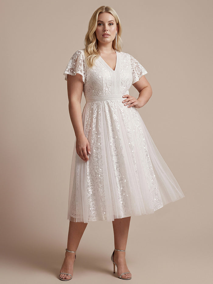 Plus Size Lace Ruffle Sleeve Wedding Guest Dress #color_White