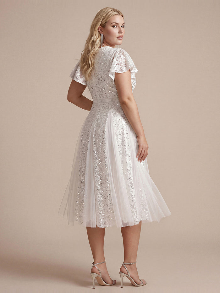 Plus Size Lace Ruffle Sleeve Wedding Guest Dress #color_White