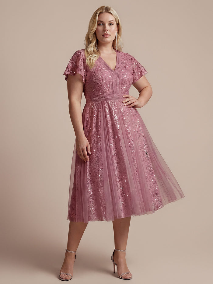 Plus Size Lace Ruffle Sleeve Wedding Guest Dress #color_Purple Orchid