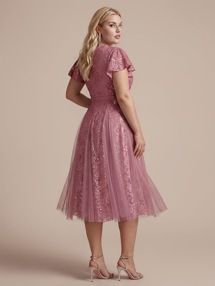 Plus Size Lace Ruffle Sleeve Wedding Guest Dress #color_Purple Orchid