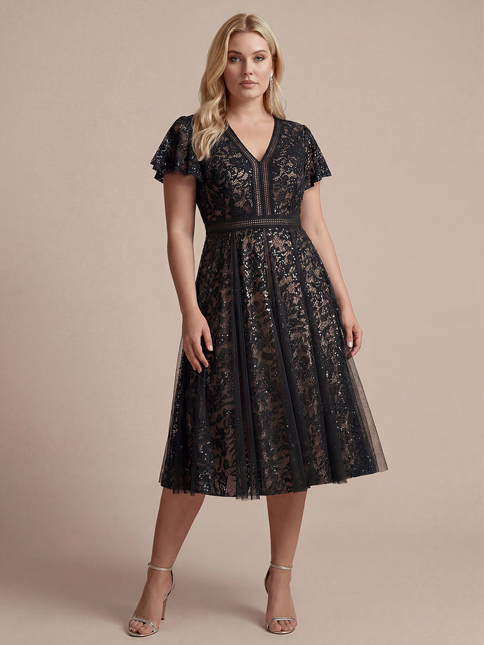 Plus Size Lace Ruffle Sleeve Wedding Guest Dress #color_Black