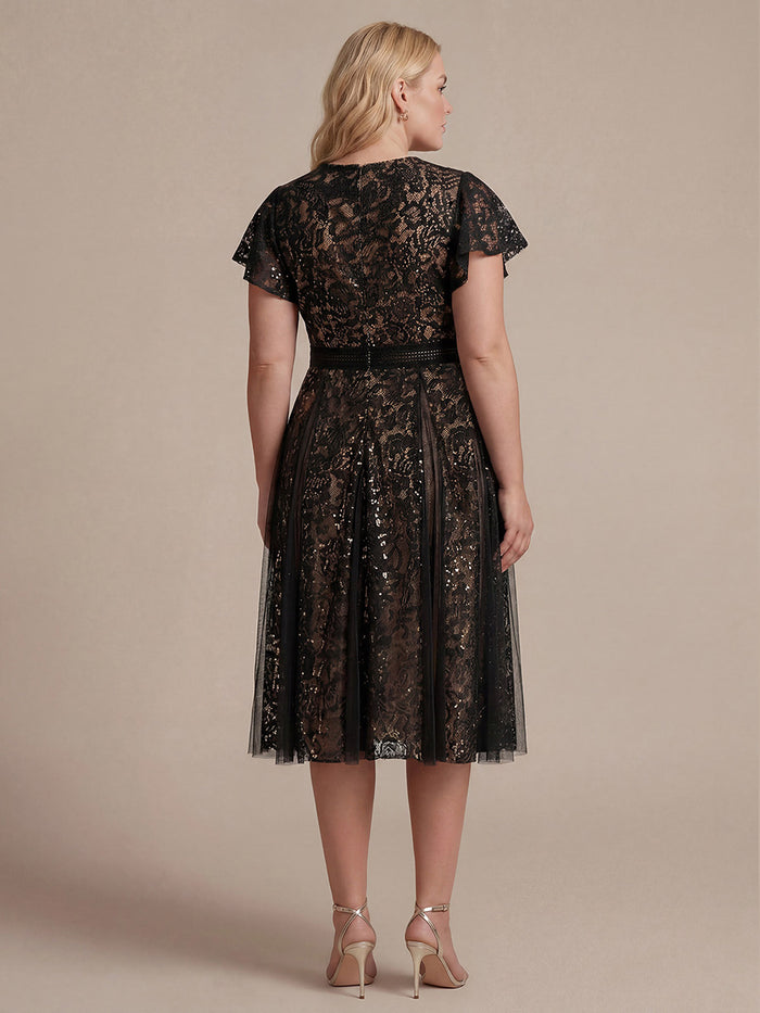 Plus Size Lace Ruffle Sleeve Wedding Guest Dress #color_Black