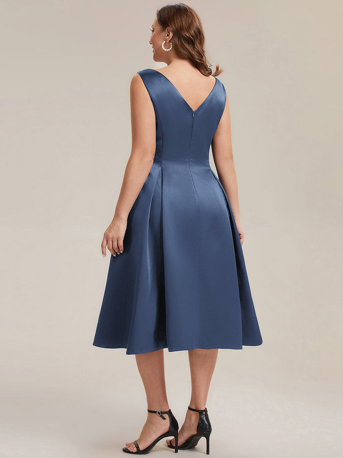 Plus Size Pocket Satin Wedding Guest Dress #color_Dusty Blue