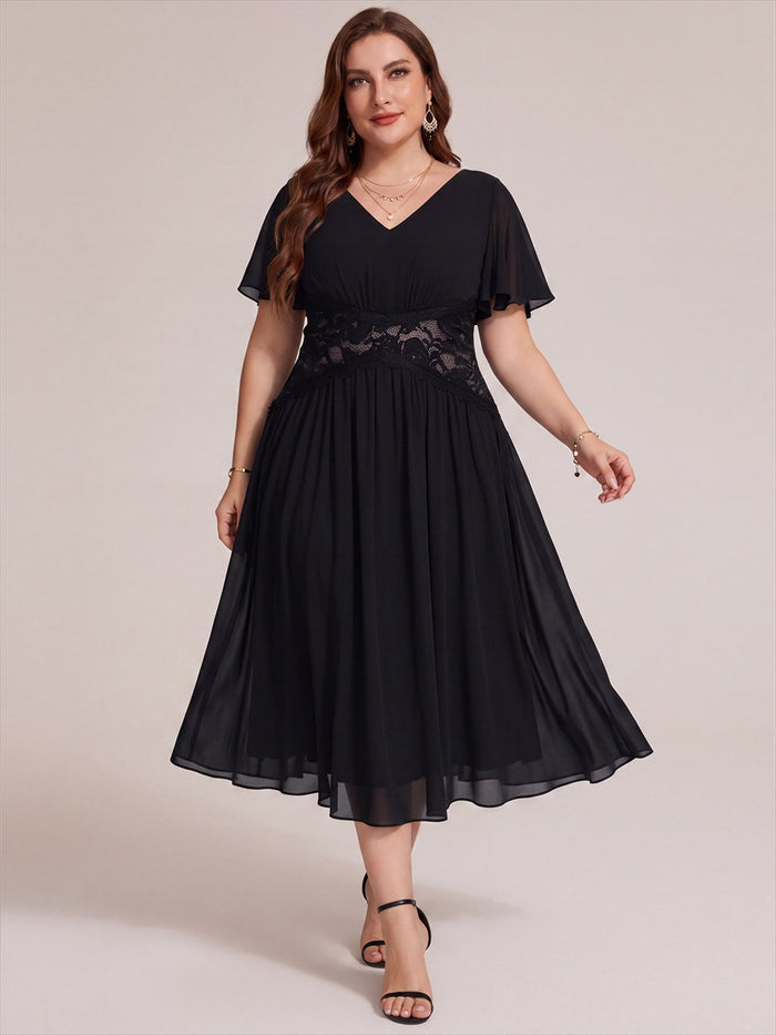 Plus Size Ruffle Lace Waist Wedding Guest Dress #color_Black