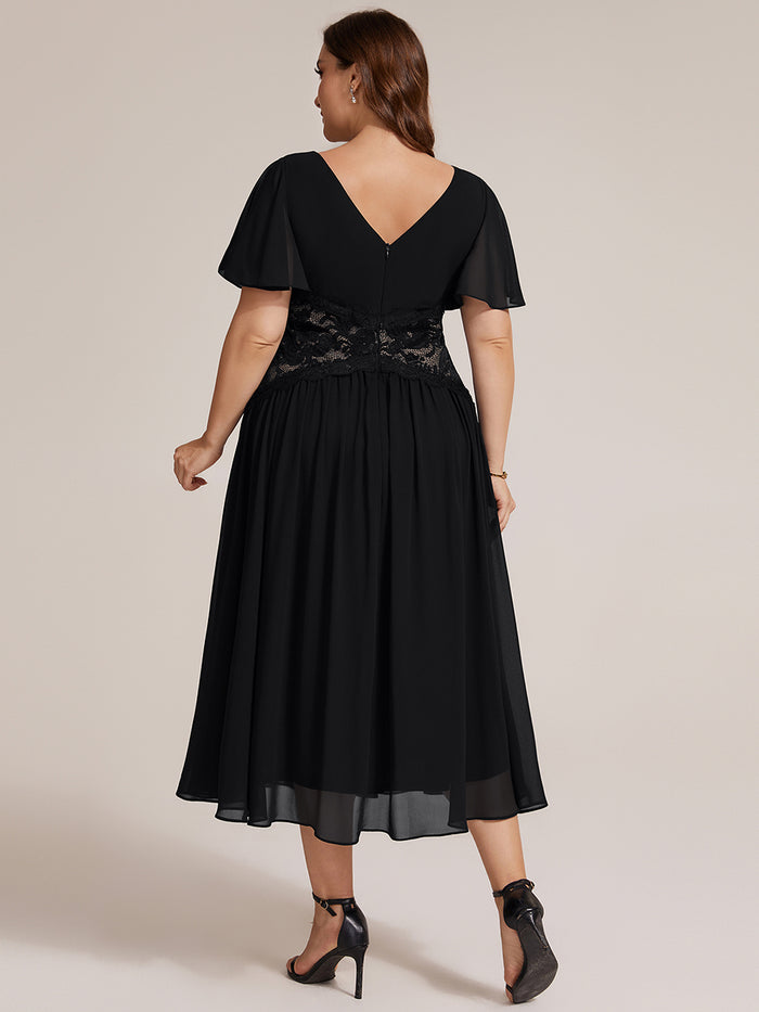 Plus Size Ruffle Lace Waist Wedding Guest Dress #color_Black