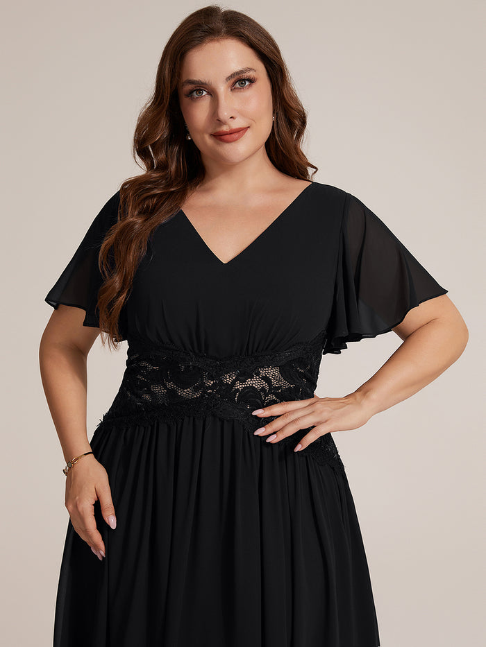 Plus Size Ruffle Lace Waist Wedding Guest Dress #color_Black