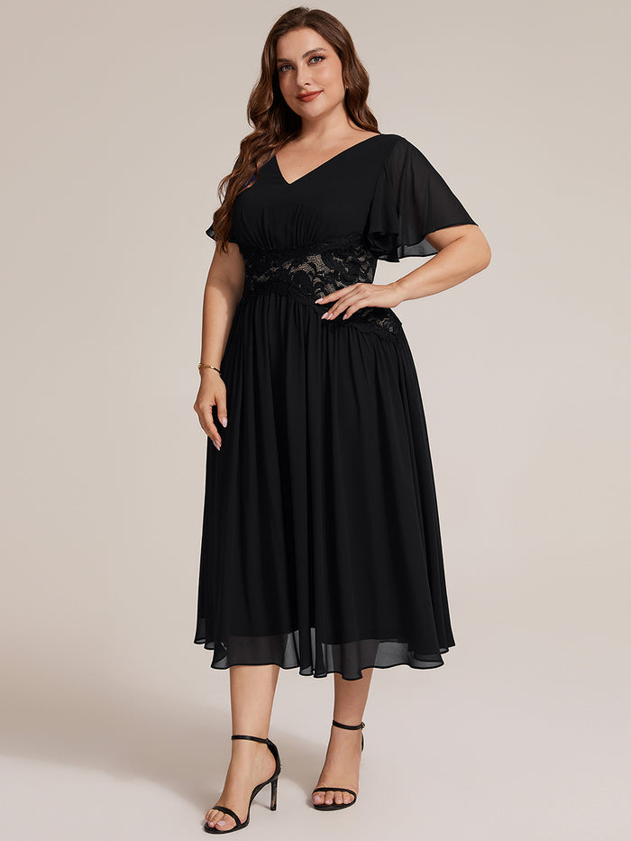 Plus Size Ruffle Lace Waist Wedding Guest Dress #color_Black