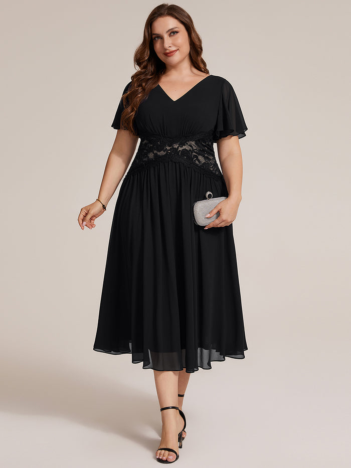 Plus Size Ruffle Lace Waist Wedding Guest Dress #color_Black