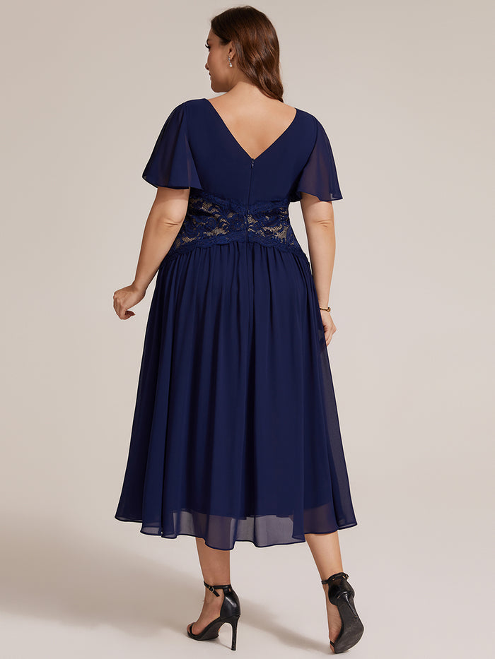 Plus Size Ruffle Lace Waist Wedding Guest Dress #color_Navy Blue
