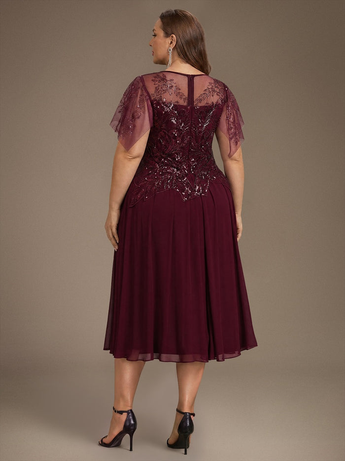 Plus Size Ruffle Tulle Wedding Guest Dress #color_Burgundy