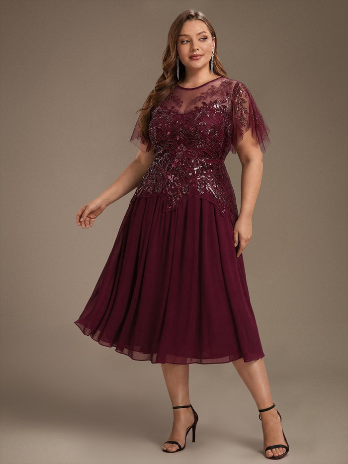 Plus Size Ruffle Tulle Wedding Guest Dress #color_Burgundy