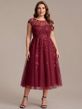 Plus Size See-through Sequin Wedding Guest Dress #color_Burgundy