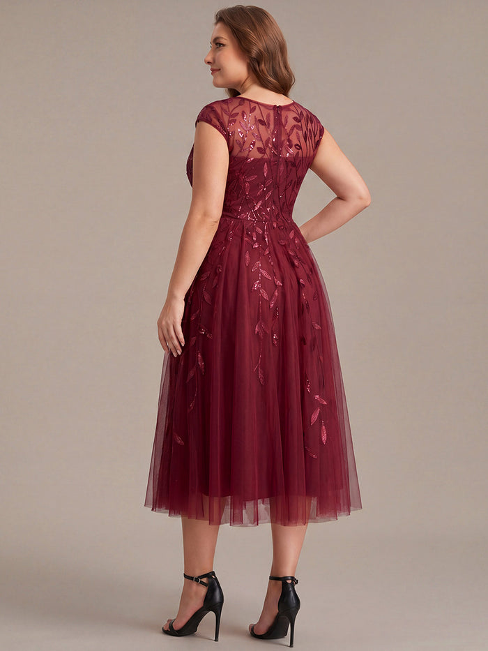 Plus Size See-through Sequin Wedding Guest Dress #color_Burgundy