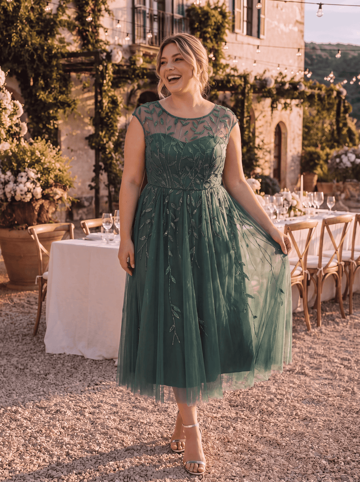 Plus Size See-through Sequin Wedding Guest Dress #color_Eucalyptus