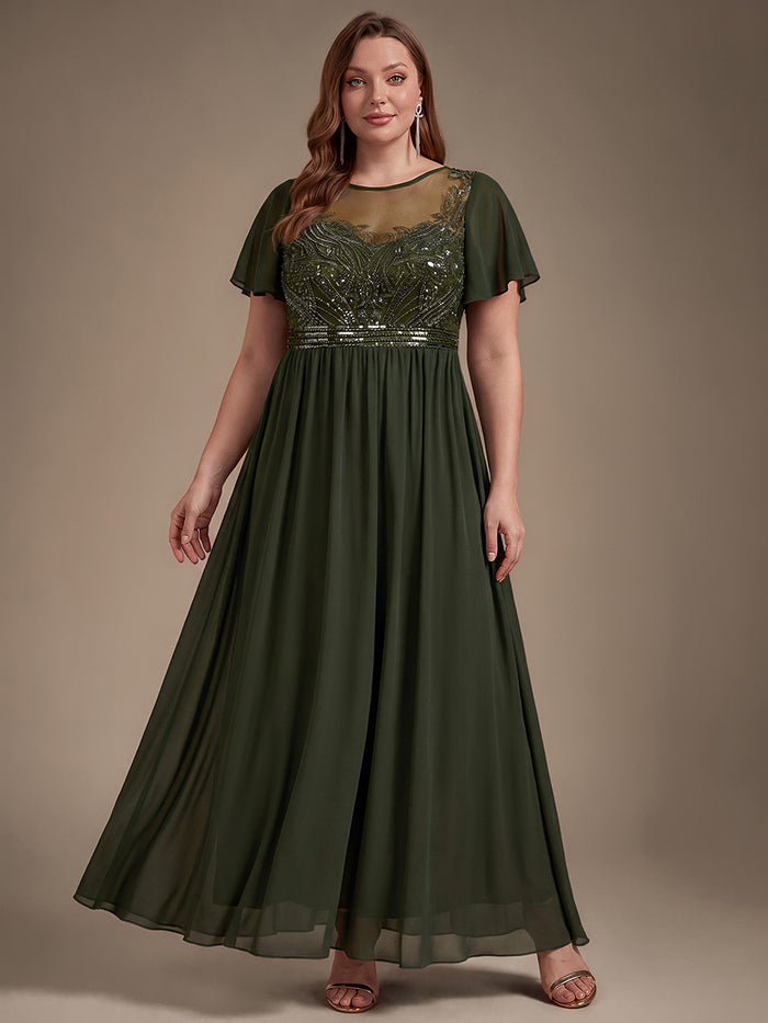 Plus Size Sequin See-Through Tulle Evening Dress #color_Olive Green