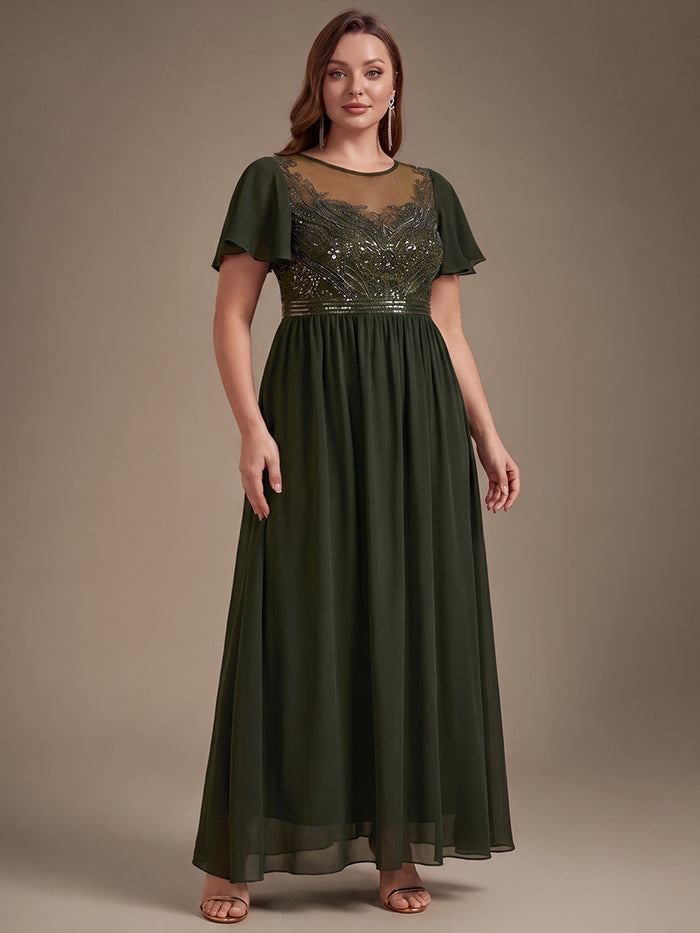 Plus Size Sequin See-Through Tulle Evening Dress #color_Olive Green