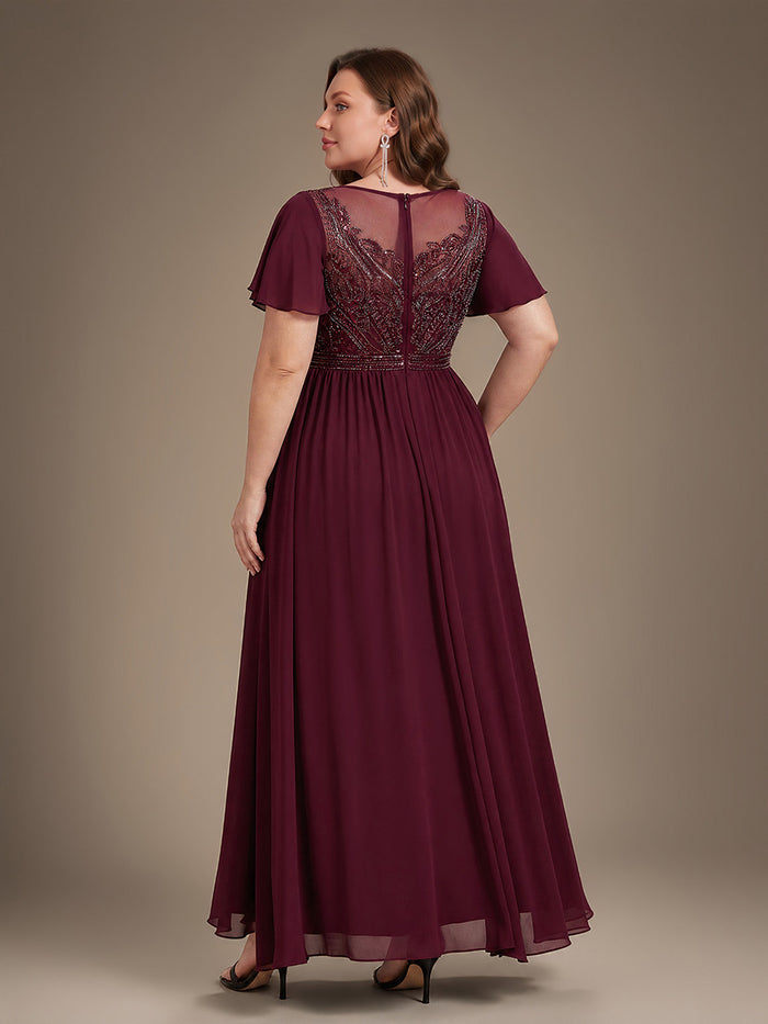 Plus Size Sequin See-Through Tulle Evening Dress #color_Burgundy