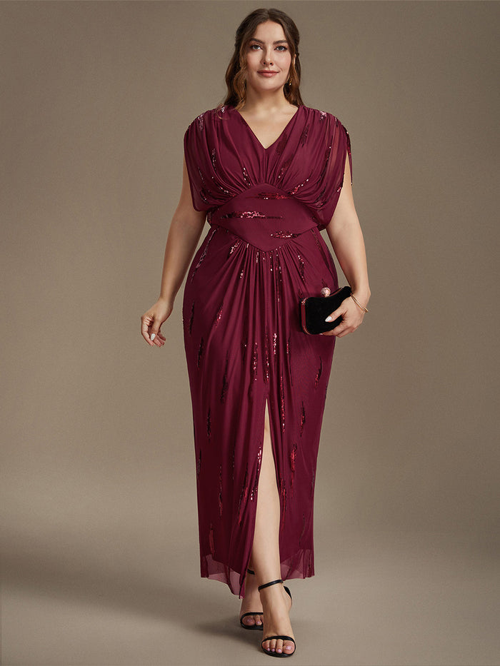 Plus Size Slit Tulle Batwing Evening Dress #color_Burgundy