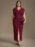Plus Size Slit Tulle Batwing Evening Dress #color_Burgundy