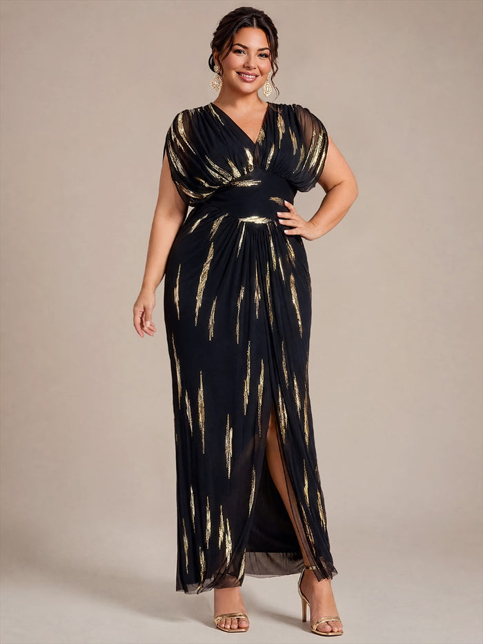 Plus Size Slit Tulle Batwing Evening Dress #color_Black&Metallic Gold