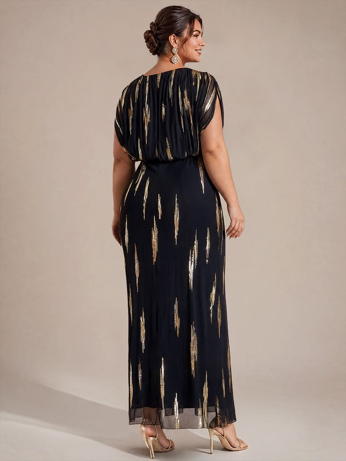 Plus Size Slit Tulle Batwing Evening Dress #color_Black&Metallic Gold